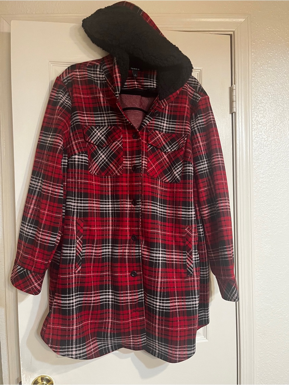 torrid Red & Black Plaid Hooded Trench Coat